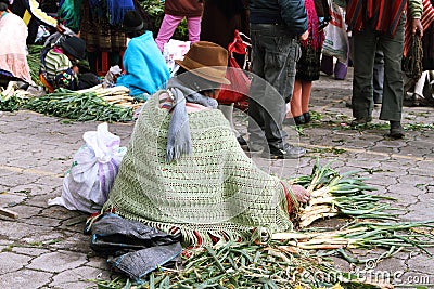 Ecuadorian ethnic woman with indigenous clothes selling vegetables in a rural Saturday market in Zumbahua village, Ecuador.