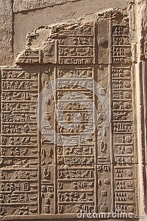 Egypt Kom Ombo Hieroglyphics on Vertical Wall