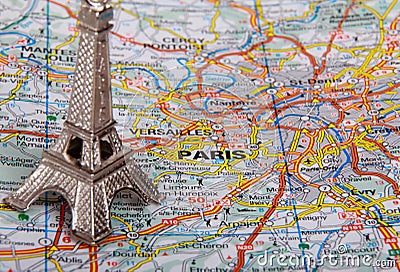 Eiffel Tower on a map of Paris