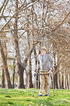 Elderly person walking with walker outside