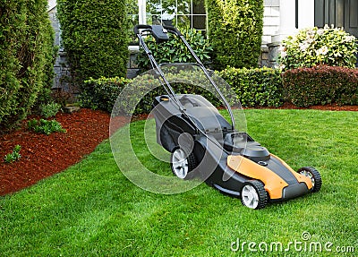 Electric Battery Lawn Mower on Front Yard