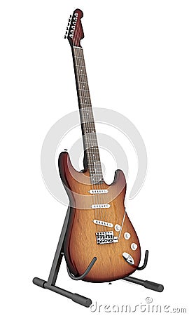 Electric guitar on stand isolated on white background.