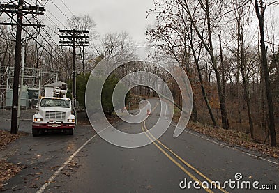Electric truck waiting to work. Hurricame Sandy.