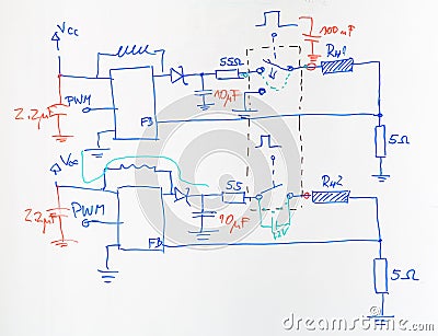 Electrical scheme drawn with blue and red pen