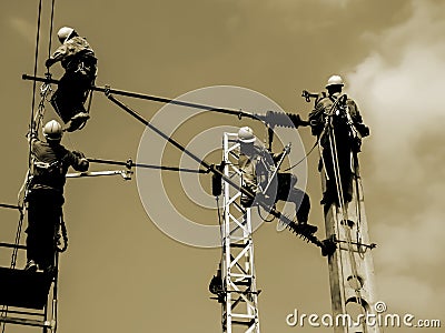 Electrical workers on overhead line