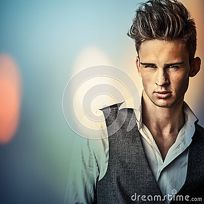 Elegant young handsome man..Color digital painted image portrait of men face.