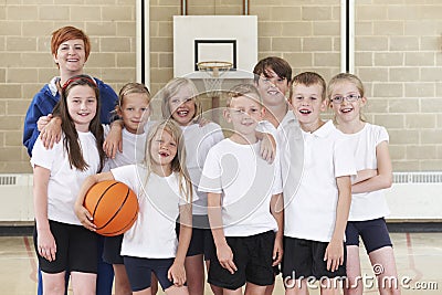 Elementary School Basketball Team With Coach