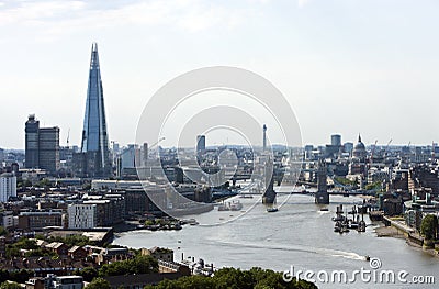 Elevated view of Tower Bridge, The Shard, and St Pauls in London
