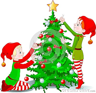 Elves Decorate A Christmas Tree Royalty Free