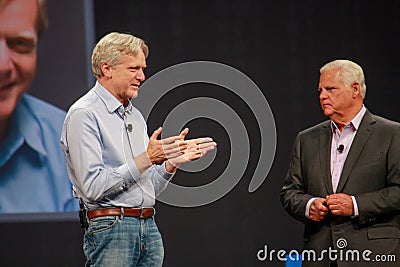 EMC CEO Joe Tucci (right) converses with founder of DSSD company Andy Bechtolsheim