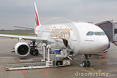 Emirates plane at the Chopin Airport in Warsaw.