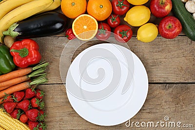 Empty plate framed with vegetables and fruits