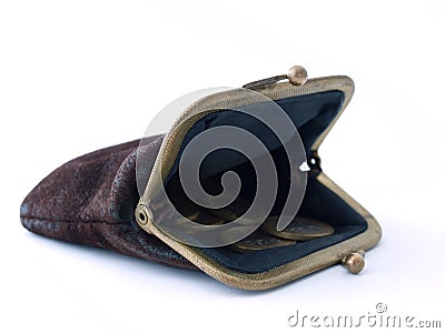 An empty purse with some coins on a white backgrou