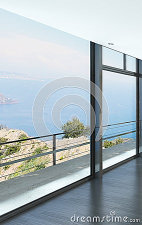 Empty room interior with floor to ceiling windows and scenic view