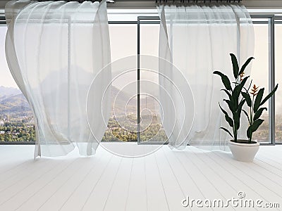 Empty white room interior with window and curtain
