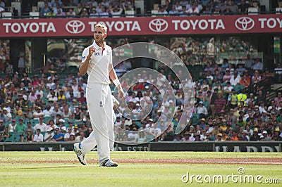 English bowler Stuart Broad walks on the pitch