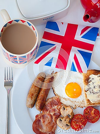 English Breakfast with cup of tea, toast and british flag