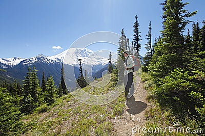 Enjoying the scenic view. Hiking trail. Mt Rainer, Washington