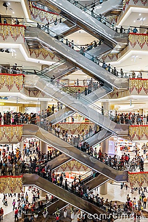 Escalators, busy mall