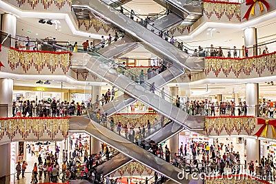 Escalators, busy mall