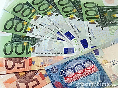 Euro Banknotes and Kazakh tenge, background