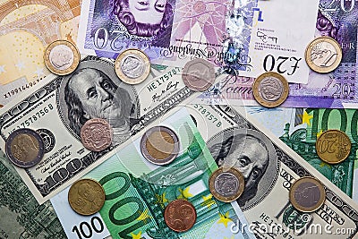 Euro, Dollar, Pound - Banknotes and Coins