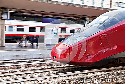 European high-speed train on railway station