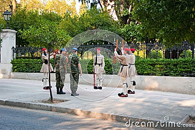 Evzone guards the Tomb of the Unknown Soldier on August 4, 2013 in Athens, Greece.