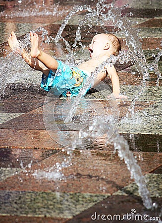 Excited Boy Playing in Splash Pad