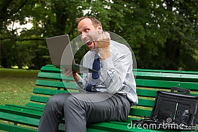 Excited businessman sitting on a bench in park with laptop.