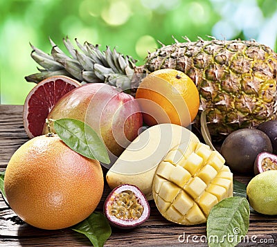 Exotic fruits on a wooden table.