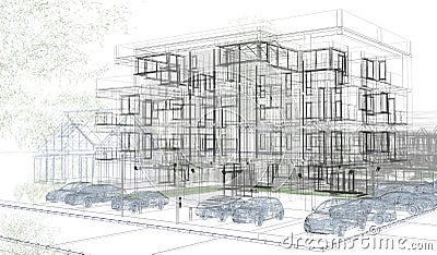 Exterior building wireframes, design rendering, architecture