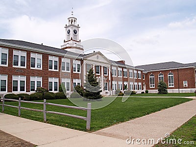 Exterior of an old brick high school in New Jersey