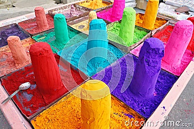 Extremely colored powders on sale in Pushkar, India