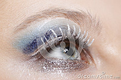 Eye with blue and silver sparkle make-up