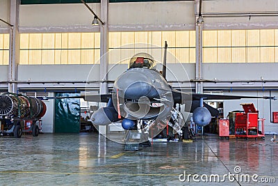 F16 on hangar for maintenance, Portugal