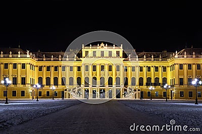 Facade of Schonbrunn Palace at dark winter night