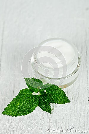 Face cream in glass jar with green leaf of urtica