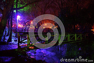 Fairy tale lights and wooden bridge in a park