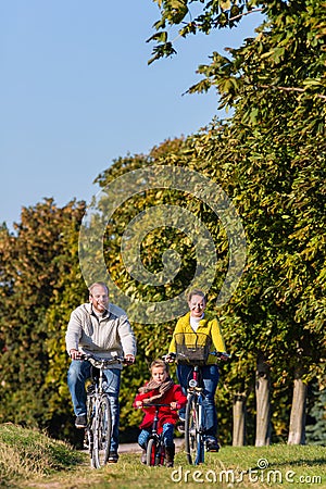 Family on bicycle tour in park