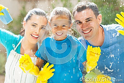 Family cleaning window