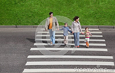 Family And Crossing Road, Green Fence And 