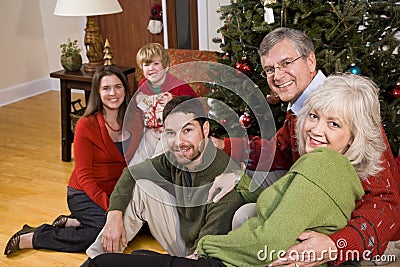 Family holiday gathering by Christmas tree