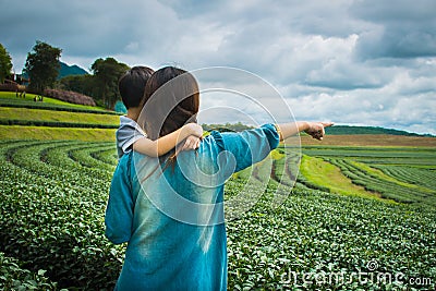 Family looking at tea plantation field