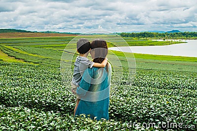 Family looking at tea plantation field