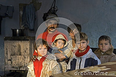 Family Portrait of poor Roma Gypsies, Romania
