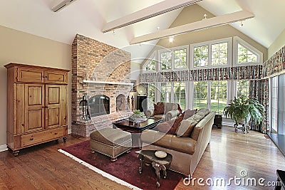 Family room with brick fireplace