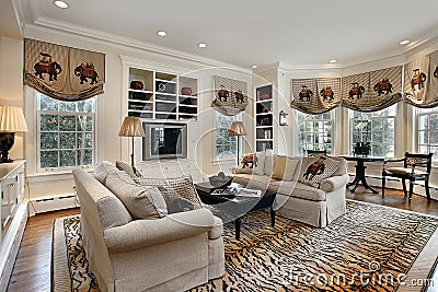 Family room with built in cabinets