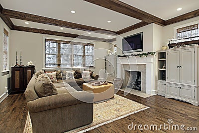 Family room with wood ceiling beams