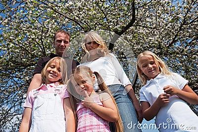 Family under apple tree in spring